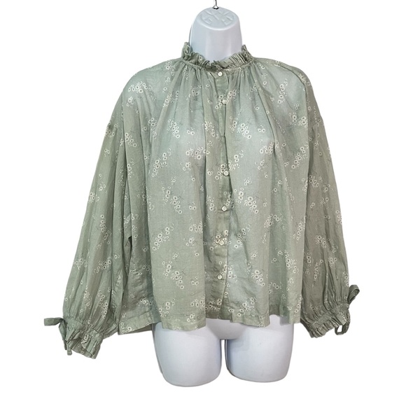 Doen blouse XS womens Green floral Cotton Lightweight top Ruffle Long tie sleeve - Picture 3 of 7
